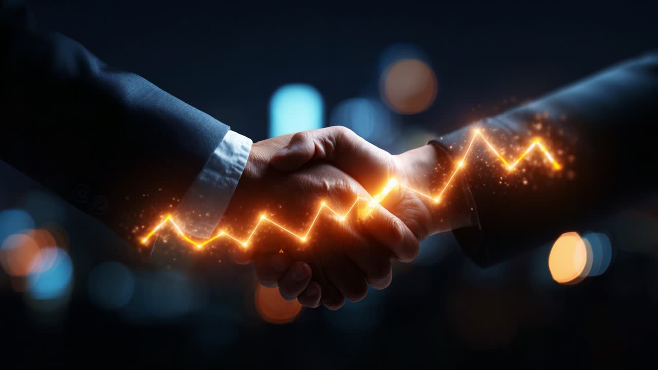 A dynamic handshake between two professionals symbolizes collaboration and success amidst a backdrop of glowing energy, signifying growth and mutual agreement in a modern business environment