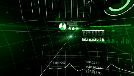 moviéndose a través de una red de líneas y puntos de color verde con llamaradas. conexiones de código de software abstracto y transferencia de datos. concepto de negocio y tecnología de animación 3d en bucle.