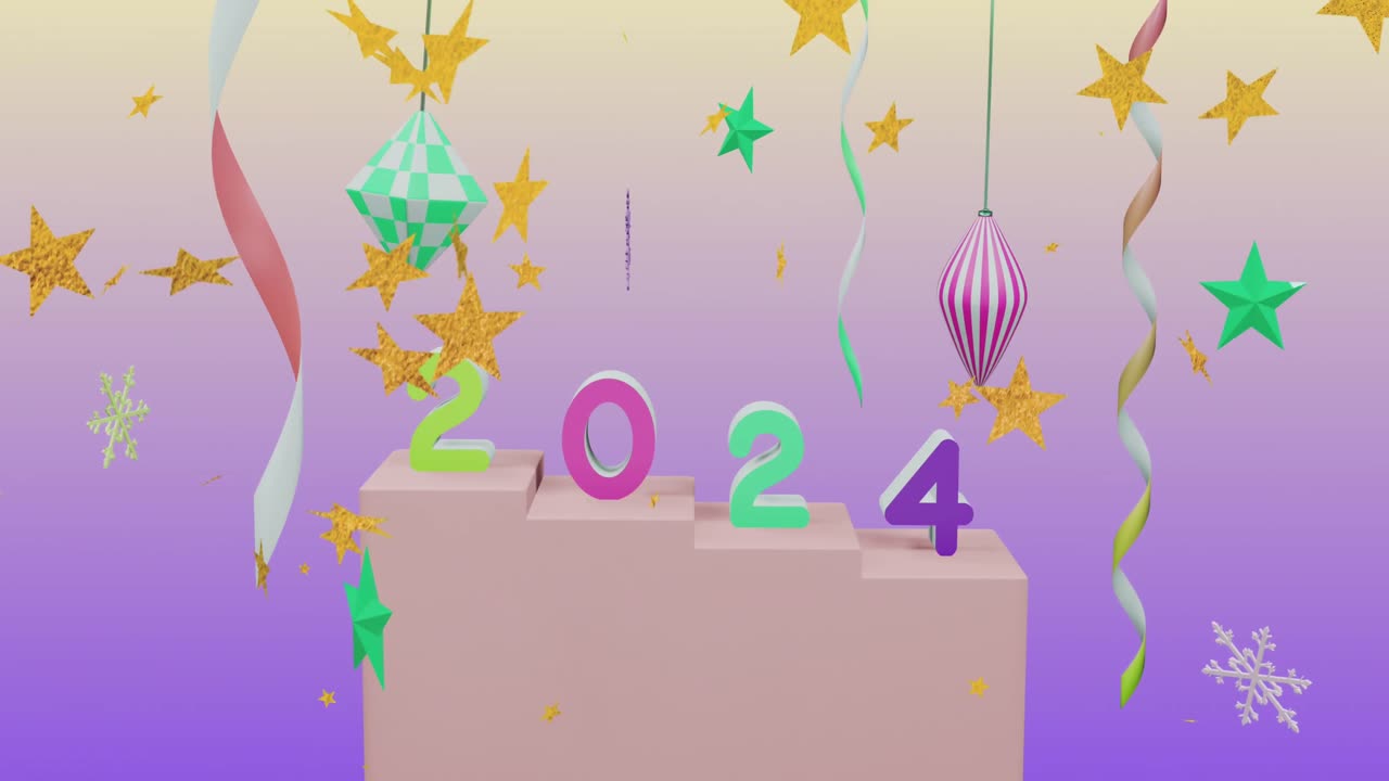 animación de estrellas que caen sobre el texto de 2024 y decoraciones en fondo púrpura.