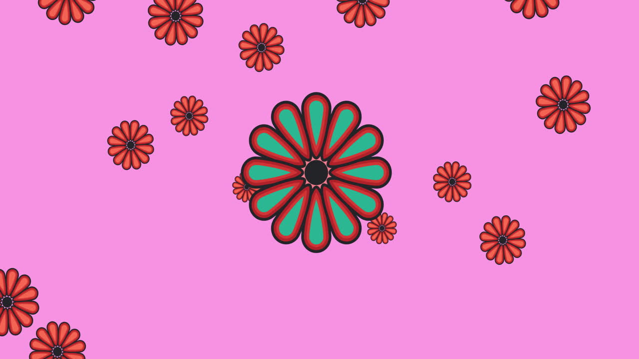 animación de múltiples flores rojas sobre un fondo rosado