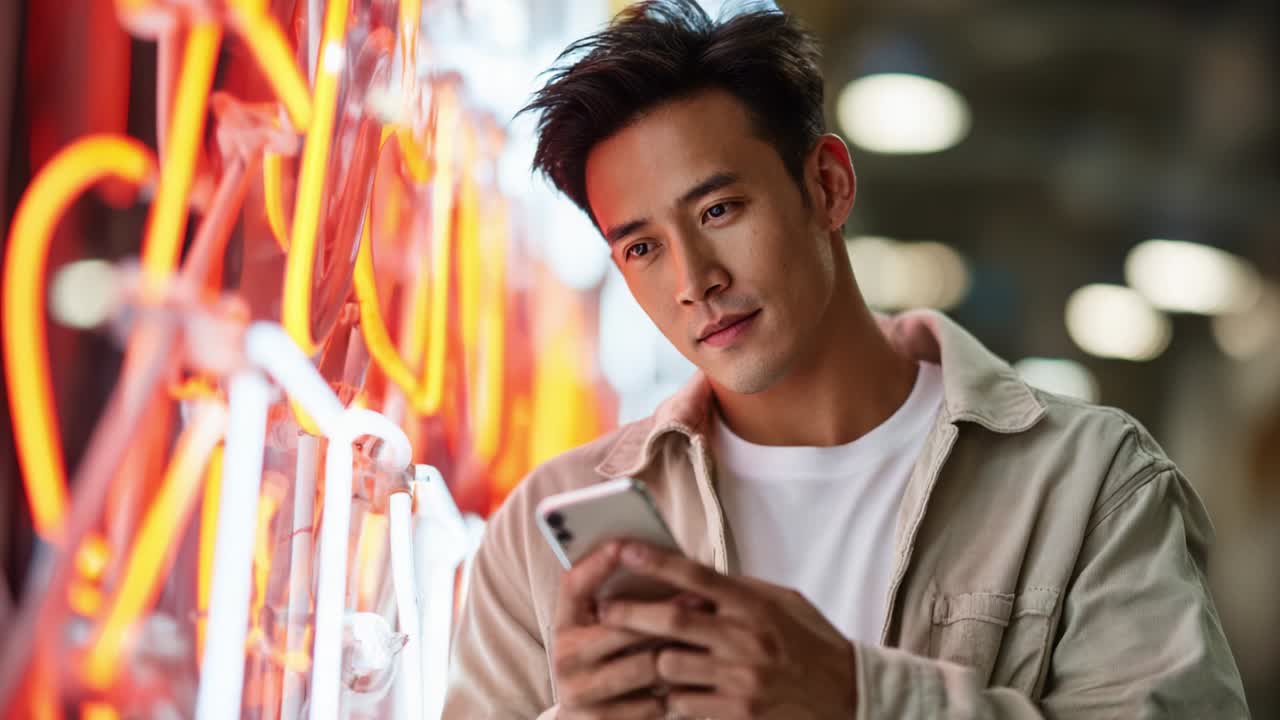 A young man focused on his smartphone, illuminated by vibrant neon lights, showcases a moment of modern connection and casual reflection in a stylized indoor environment, blending technology and ambiance