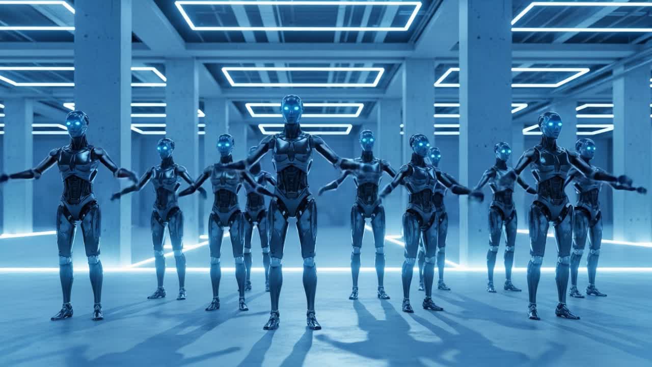 A Futuristic Dance of Robots: Exploring the Synchronized Movements of Advanced Androids in a Neon-Lit Environment, Showcasing Their Precision and Elegance