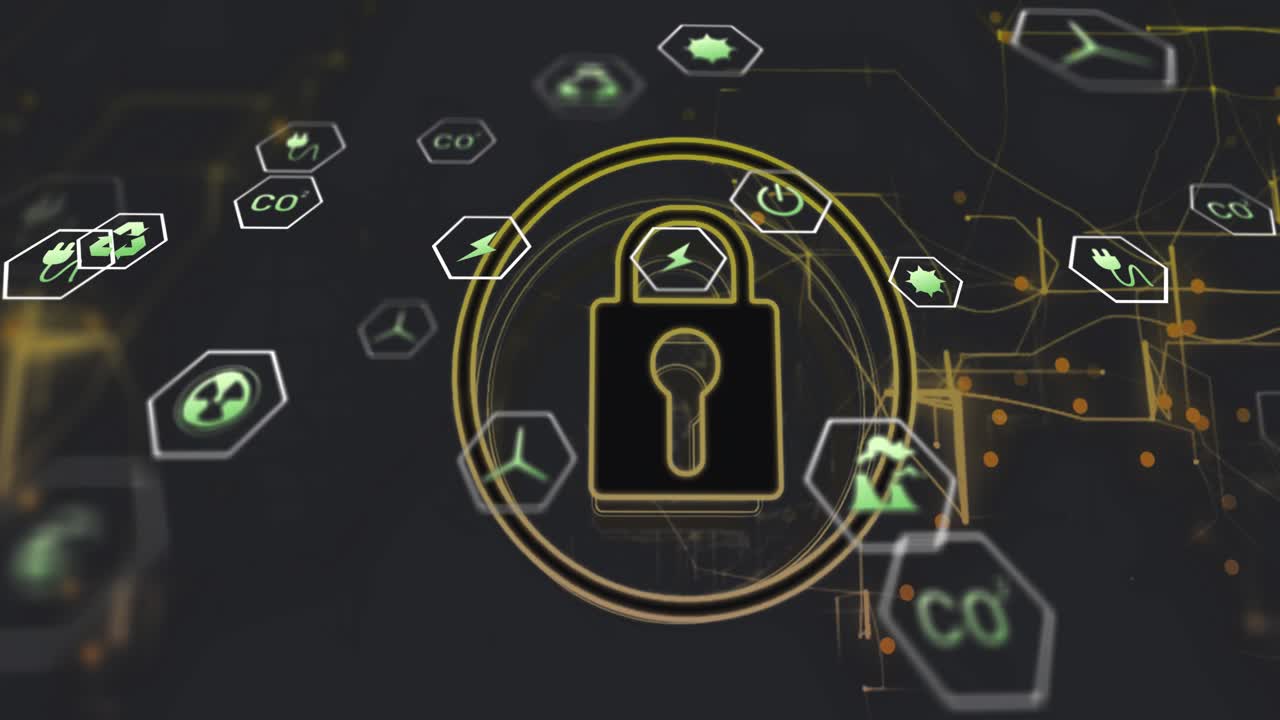 Padlock icon glowing at center, surrounded by spinning digital rings and floating energy icons