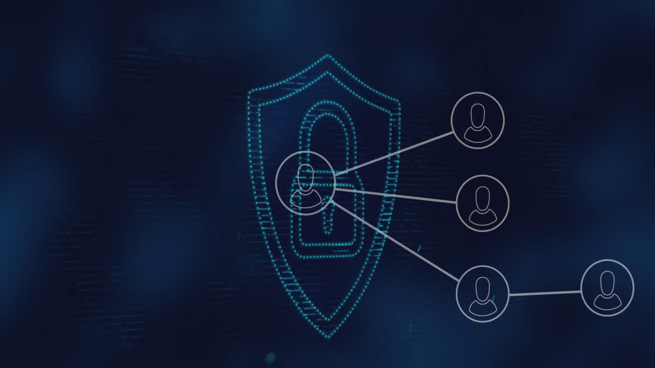 Animation of network of profile icons over security padlock icon against blue background