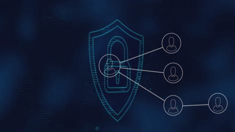 animación de la red de iconos de perfil sobre el icono de candado de seguridad contra un fondo azul