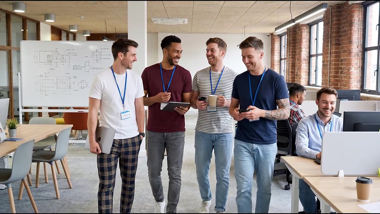 Et team af unge professionelle går smilende gennem kontorgangen og diskuterer arbejde med tablets.