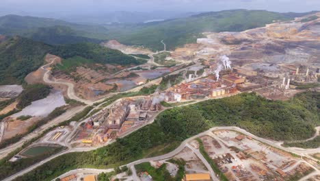 panorama aerial gold refinery and mining area, large environmental destruction