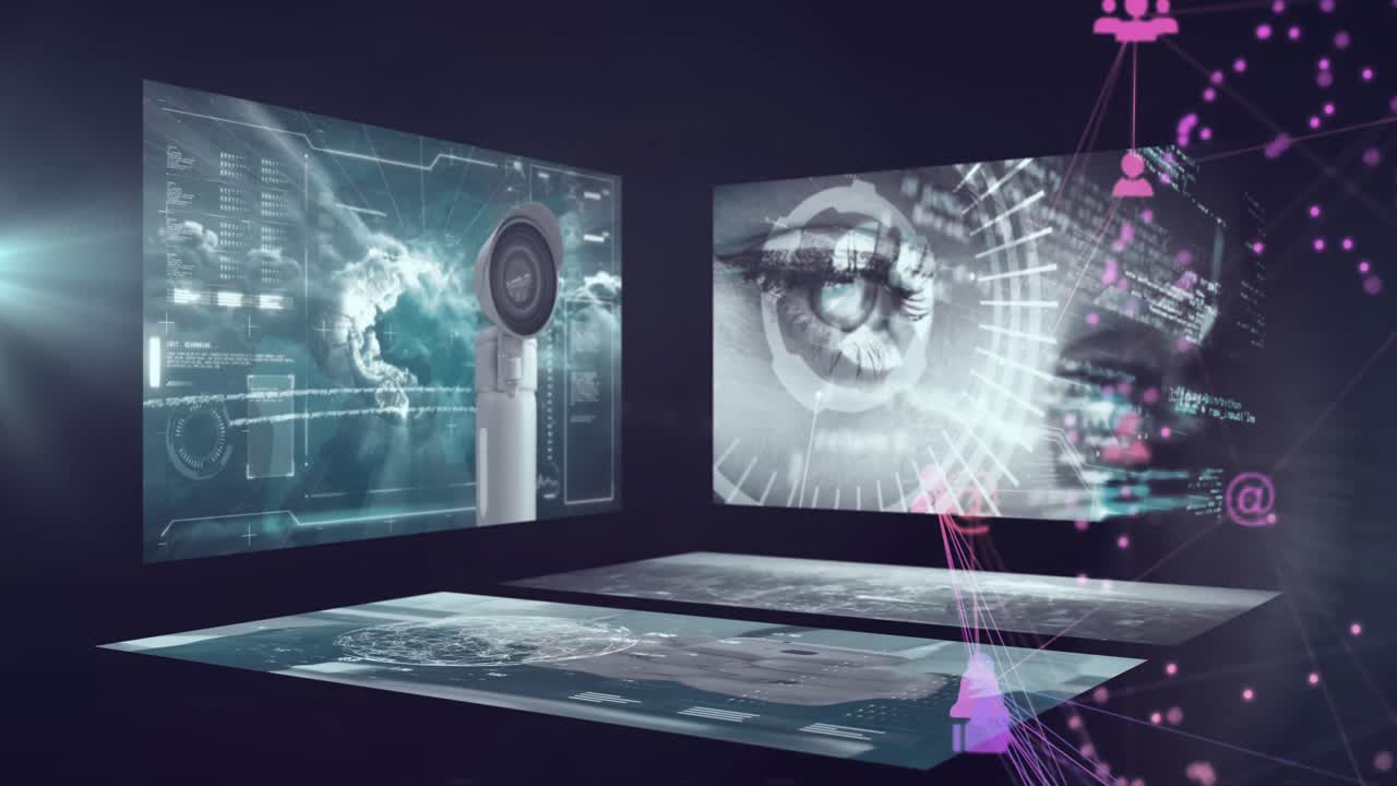 cámara de vigilancia en todo el mundo de iconos digitales contra contra pantallas con procesamiento de datos