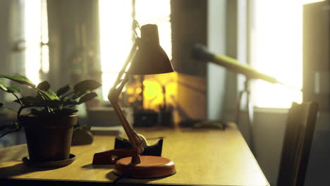sunlight illuminates a cozy workspace with plants and a lamp