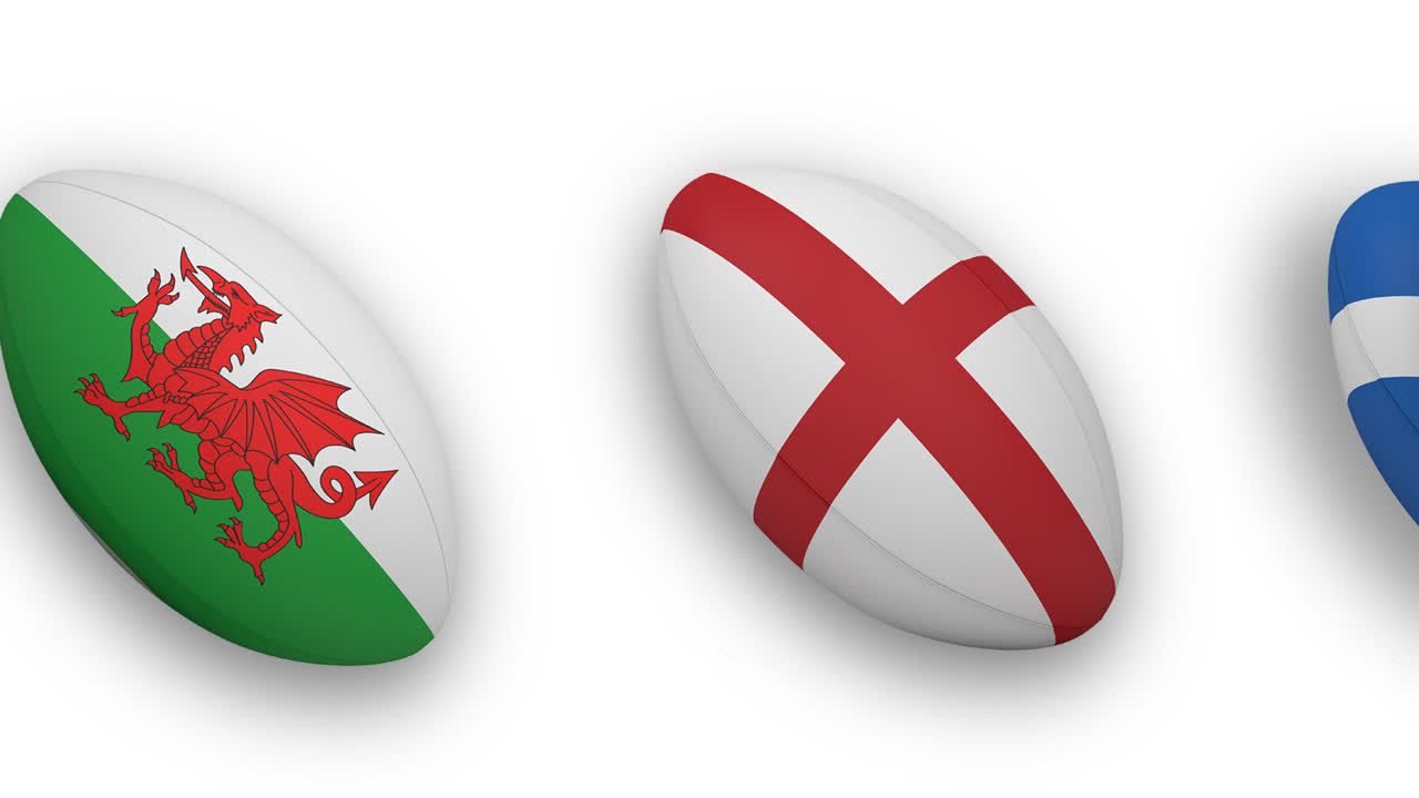 Animazione di palloni da rugby colorati con bandiere nazionali su sfondo bianco