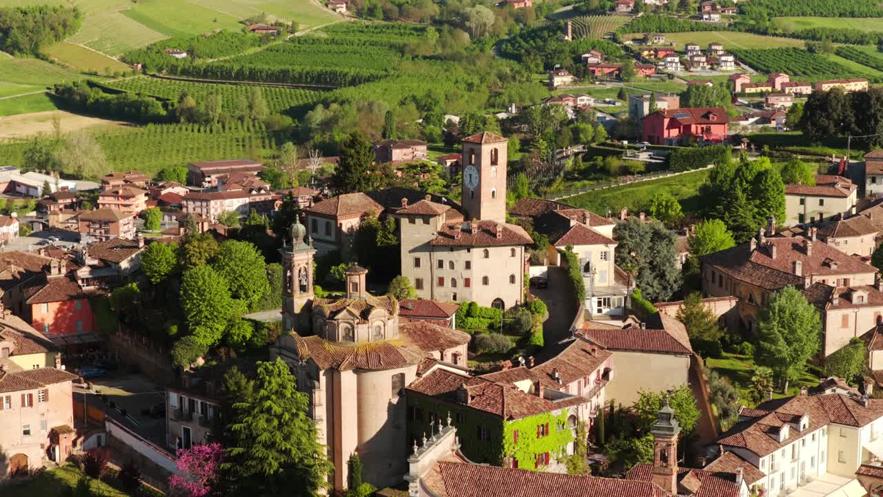 Hilltop town of Neive, Piedmont region, Italy, picturesque Italian village, Italy. Aerial drone pov