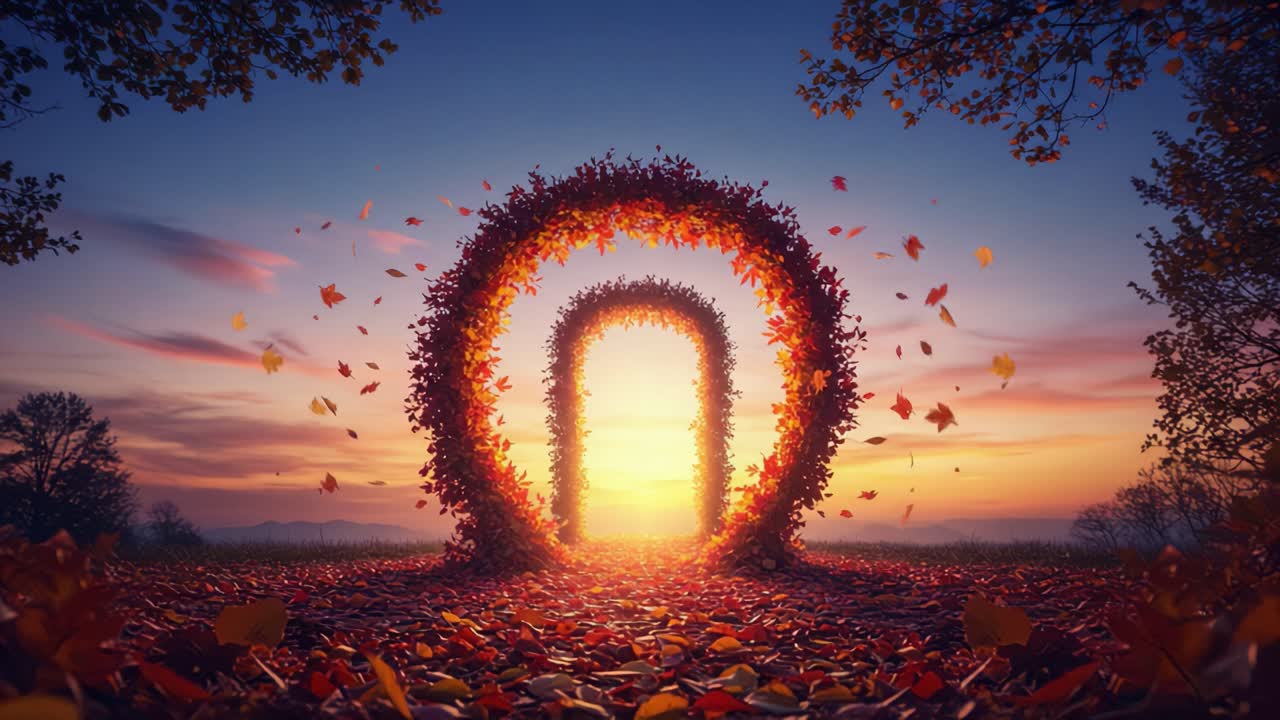 A Magical Autumn Portal: Enchanting Sunset Through Leafy Arches Framed by a Vibrant Fall Landscape, Inviting Exploration and Wonder in Nature's Splendor