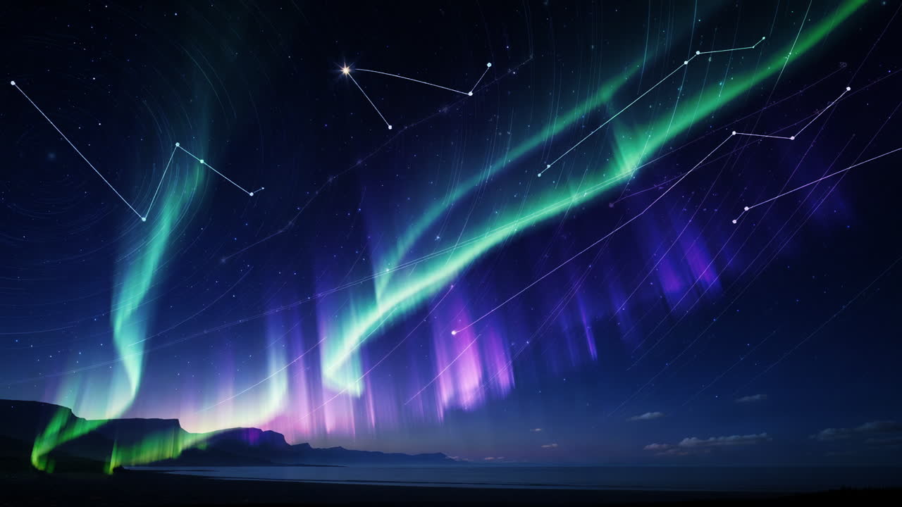 Aurora boreale vibrante e scie stellari illuminano il cielo notturno