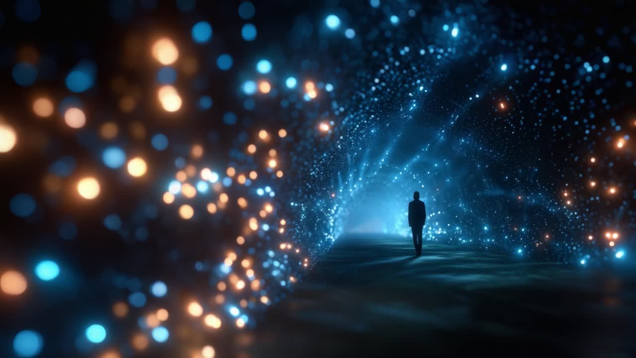 Una figura solitaria cammina attraverso un tunnel ipnotico di luci colorate, creando un'atmosfera onirica piena di particelle luminose e un senso di meraviglia