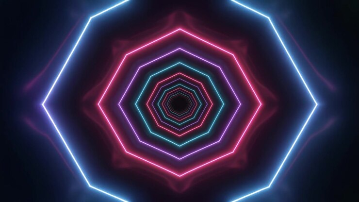 Túnel Octogonal Abstrato de Neon com Efeitos de Luz Brilhantes
