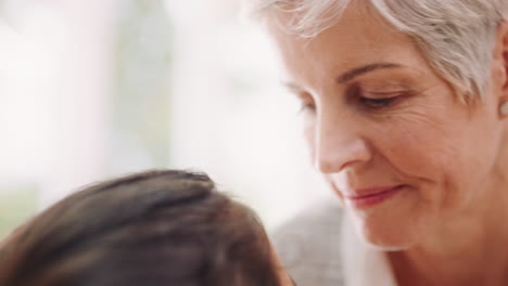 Family,-love-and-grandmother-kiss-girl-on-forehead