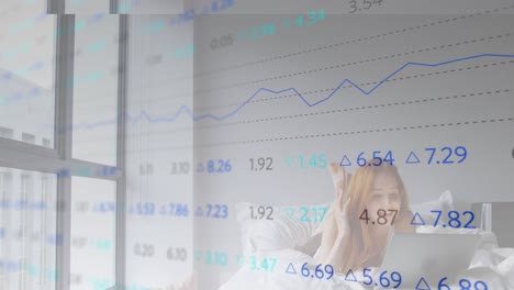 침대에 누워서 비디오 통화로 이야기하는 아름다운 백인 여성에 대한 무역 보드의 애니메이션