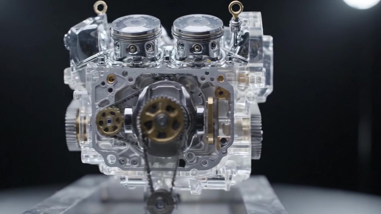 A Close-Up Look at a Transparent Engine Design, Showcasing Intricate Mechanical Parts and Precision Engineering in a High-Tech Setting