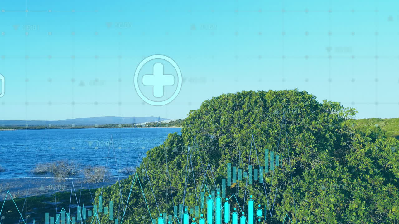 Shrub dominating right side, UI charts and icons floating over calm water in flat design style