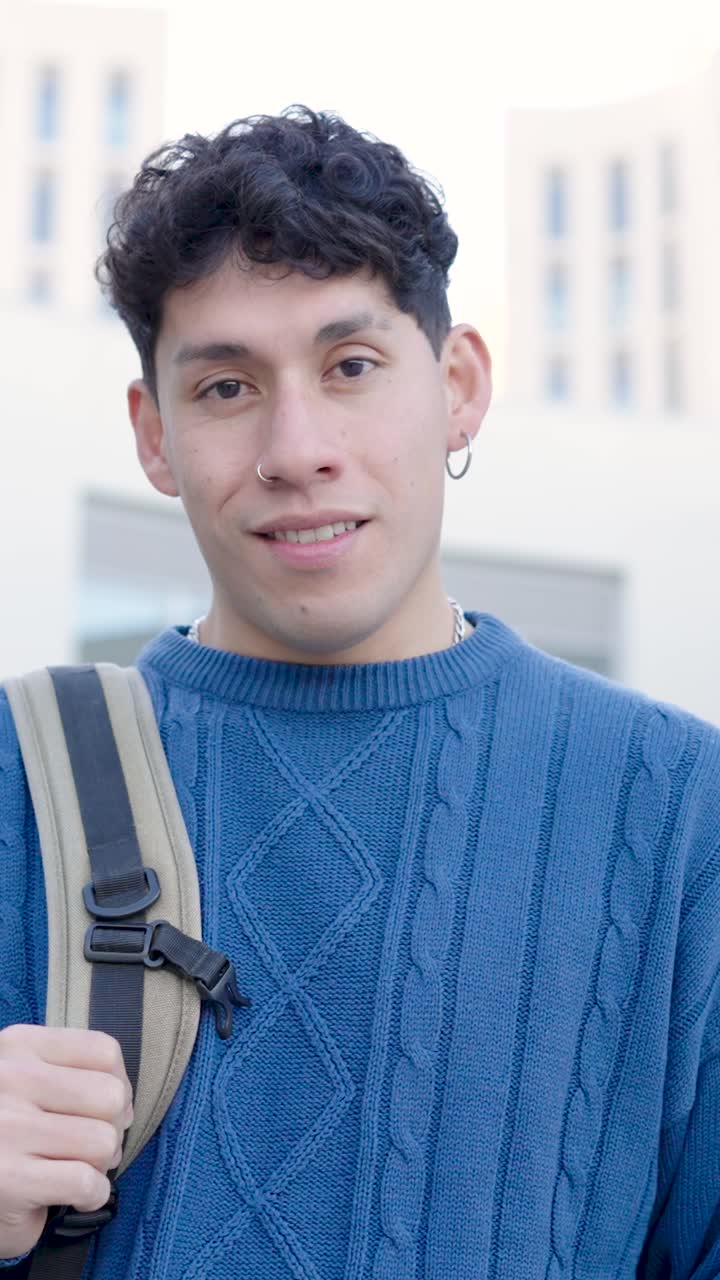Young latin student posing with backpack: six expressions. Vertical
