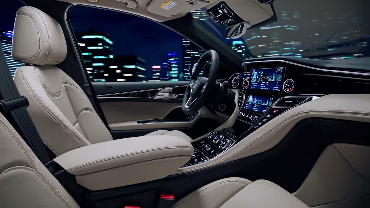 Luxurious car interior shot from the passenger side, showcasing sleek design and illuminated