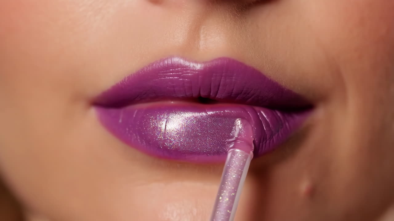 Close-up of Shimmering Purple Lip Gloss Application