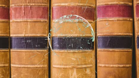 animation of globe with network of connections over shelves with books in library