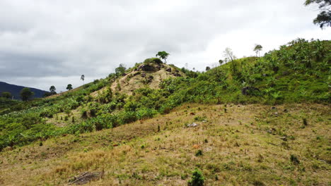 Vibrant-Vietnam-hill-slope-view-on-grey-cloudy-day,-low-altitude-aerial-view