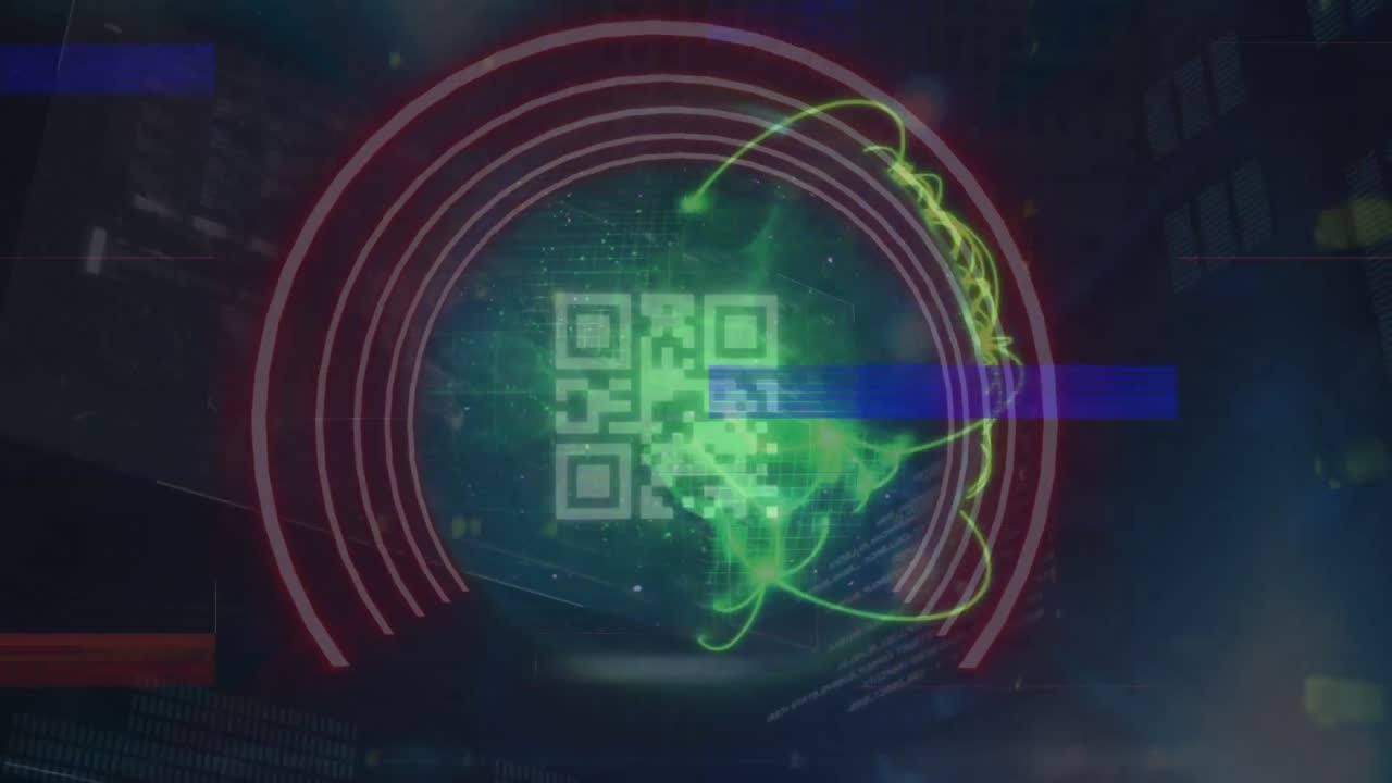 Animation of qr code and shapes over black background