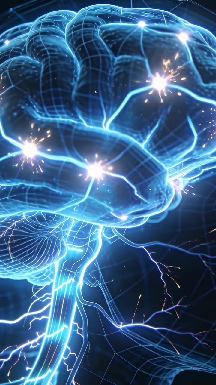 Video verticale: Nodi luminosi, cervello a wireframe che si illumina e invia impulsi lungo il tronco cerebrale nel vuoto oscuro.