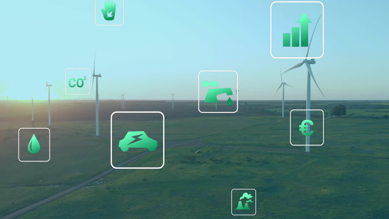 Large white wind turbine generating clean energy while green CO2 icons floating above grassy plain