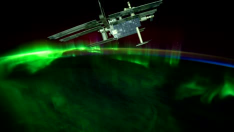 space station and the northern lights over the earth