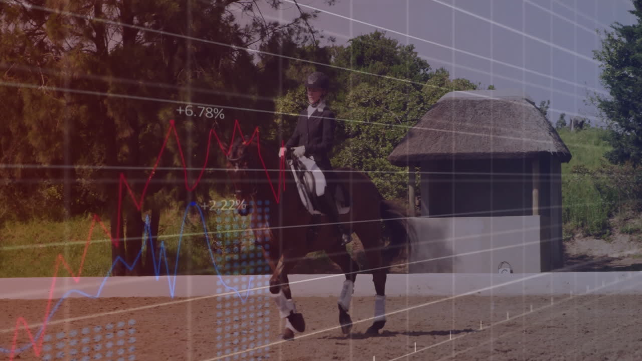 Animation af finansiel databehandling over kaukasisk kvinde, der rider på hest