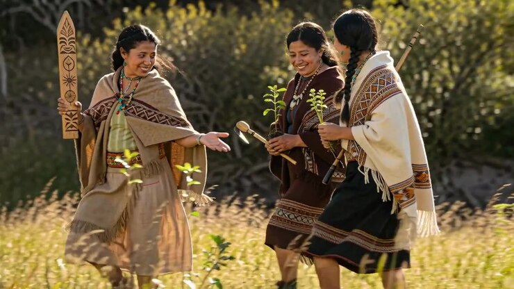 Walking trio in shawls, leader stepping forward, holding plank mallet staff sprigs in sunlit meadow