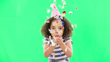 little girl, birthday and blowing confetti