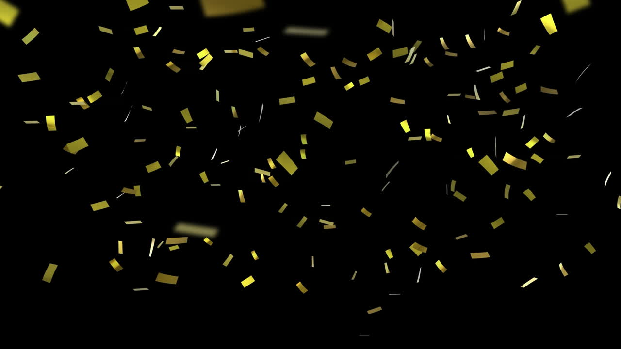 Animation of set of gold confetti falling on black background