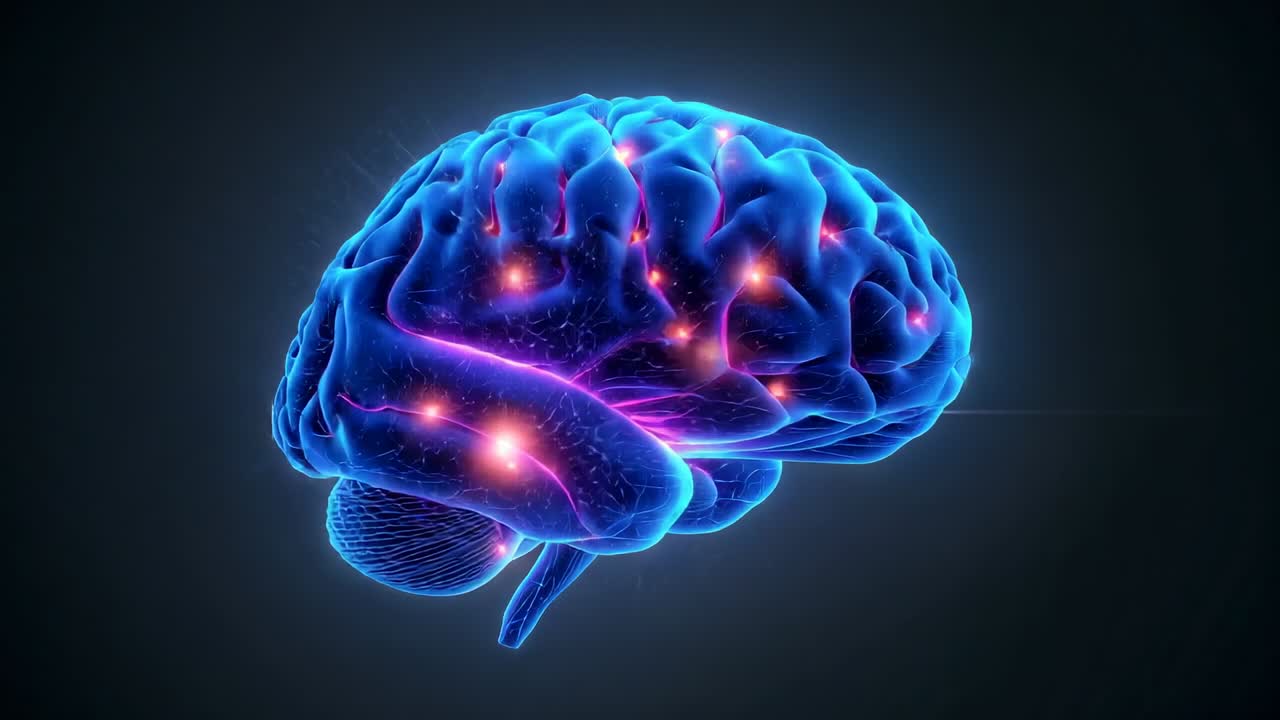 At start, rotating 3D human brain model in dark blue backdrop, showing pink-orange activation nodes
