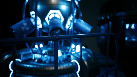 futuristic robotic machinery illuminated in vibrant blue light at night