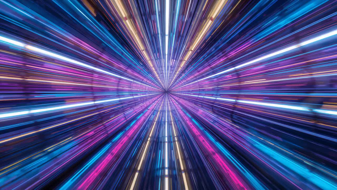 LED radiale pulsante che converge sul nucleo all'inizio per la distorsione nel tunnel di luce, pannelli a specchio che echeggiano