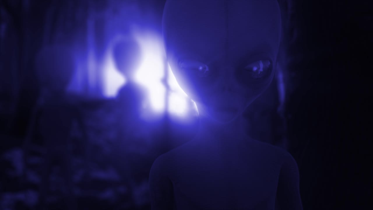 Chilling 3D CGI close-up of classic Roswell style grey aliens standing ominously silhouetted by a mysterious glaring blue light, in the middle of a dark and eerie forest at night