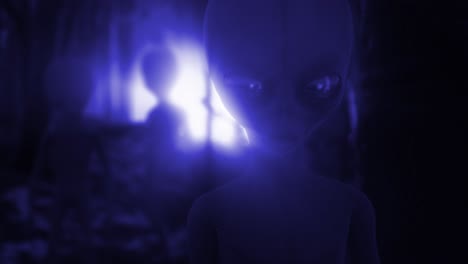 chilling 3d cgi close-up of classic roswell style grey aliens standing ominously silhouetted by a mysterious glaring blue light, in the middle of a dark and eerie forest at night