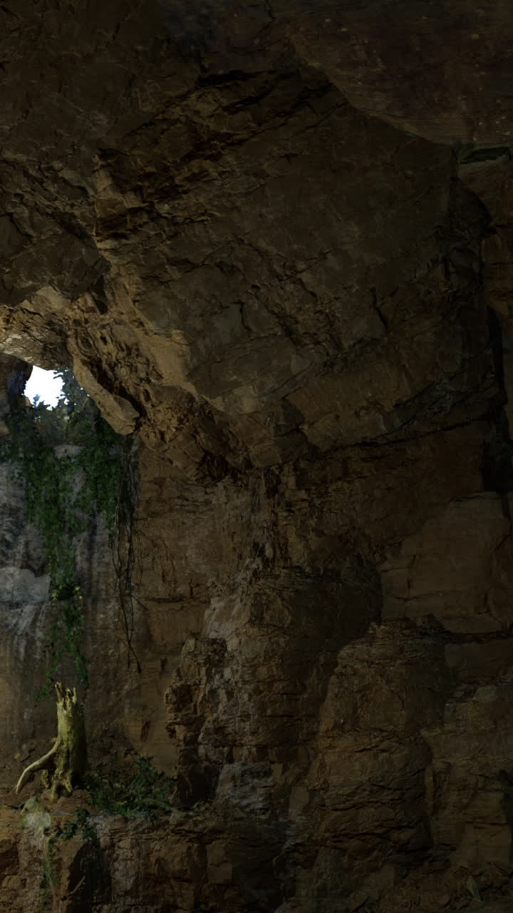 Natural light filters into a cavern revealing lush greenery in the distance