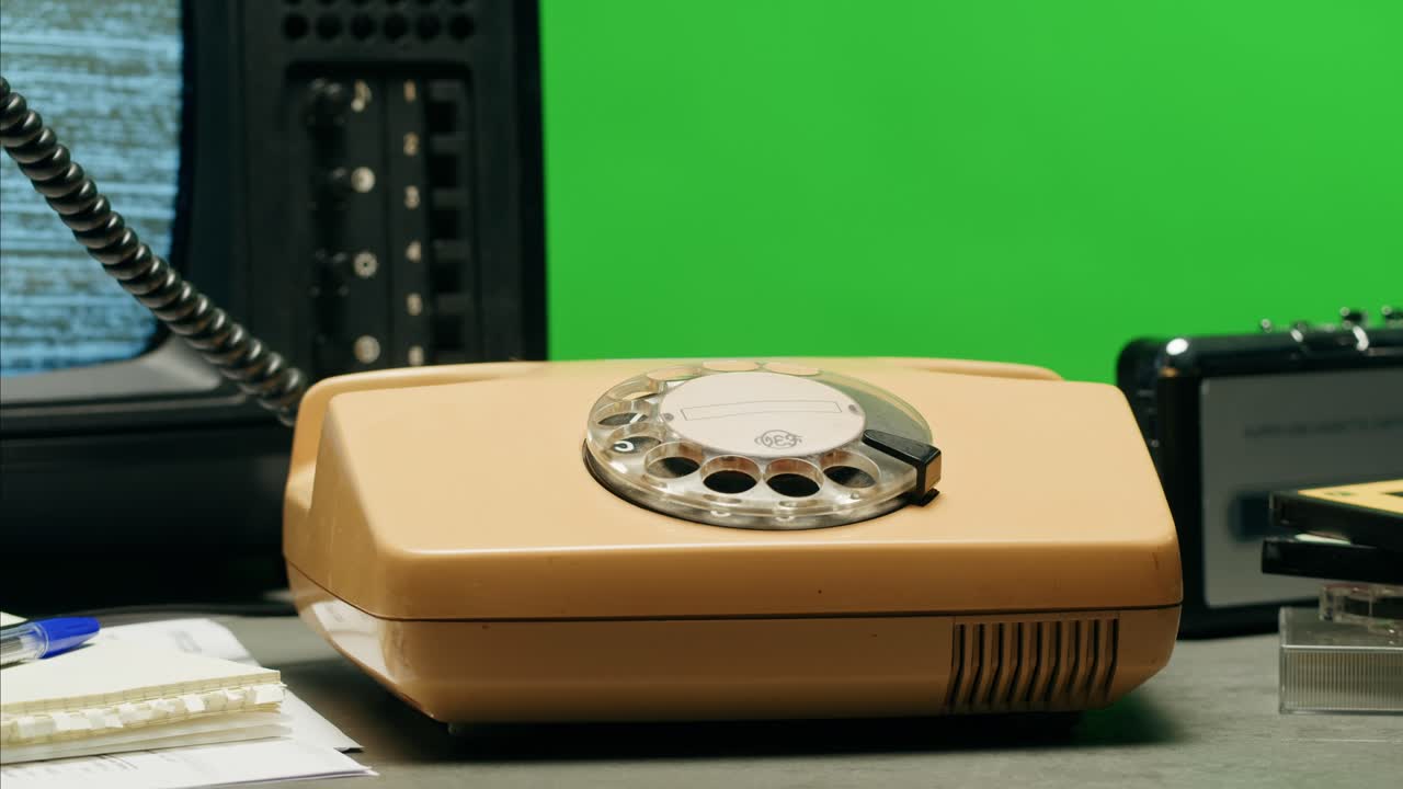 Retro vintage phone, A yellow rotary telephone is displayed on a wooden desk, adding a nostalgic touch