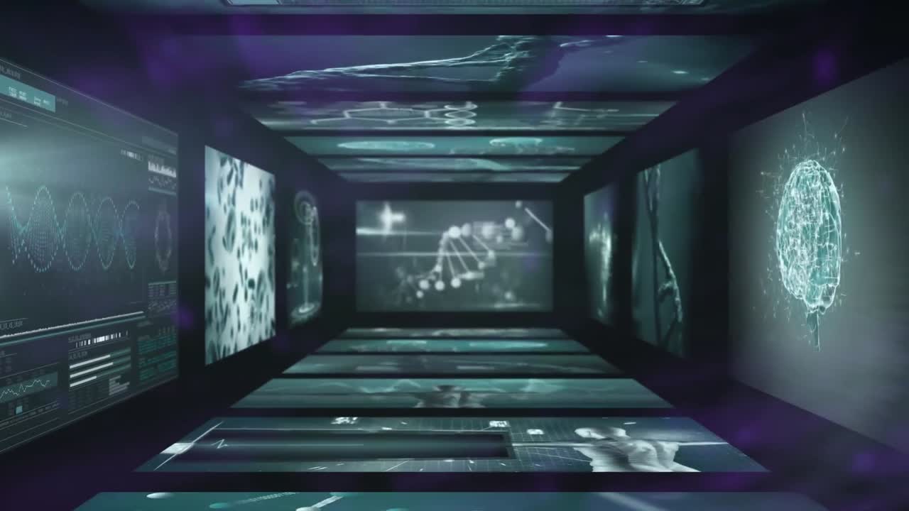animación de múltiples interfaces médicas contra un fondo abstracto.