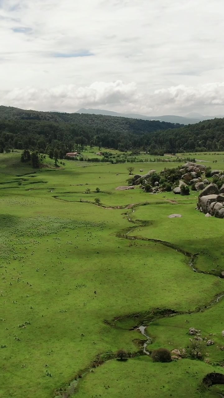 Collina ondulata con le formazioni rocciose di Las Piedrotas a Tapalpa, Jalisco, Messico, un ruscello serpeggiante e campi verdi
