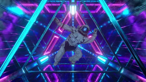 astronaut falling in the corridor of a spaceship. sci-fi futuristic space tunnel vj for titles and background. neon light. 4k animation of seamless loop