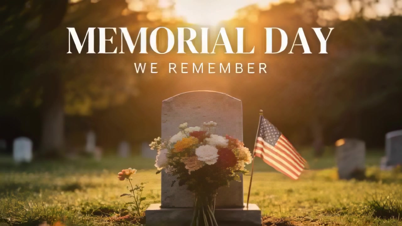 Small US flag fluttering by headstone with bouquet in cemetery, camera pushing in for Memorial Day