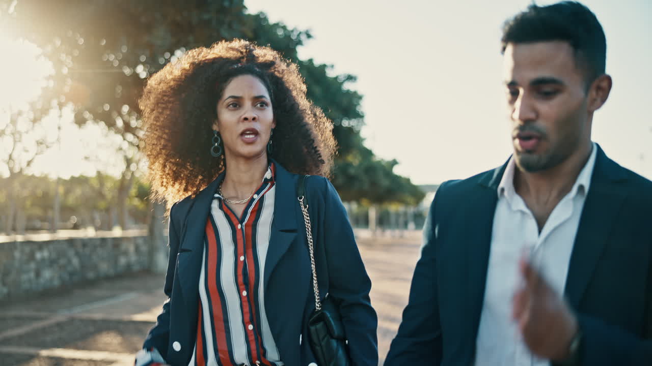 Business professionals walking and communicating outdoors