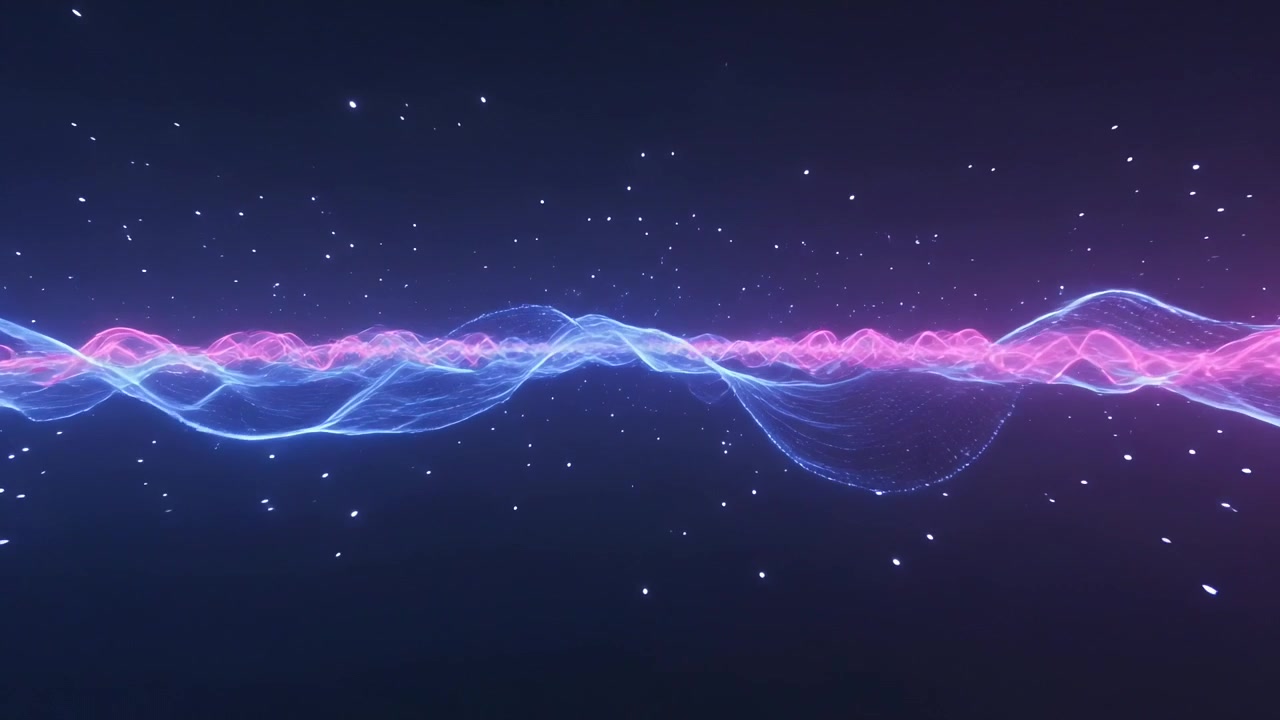 Pulsing light driving blue and magenta ribbons undulating in navy gradient, revealing mesh, specks