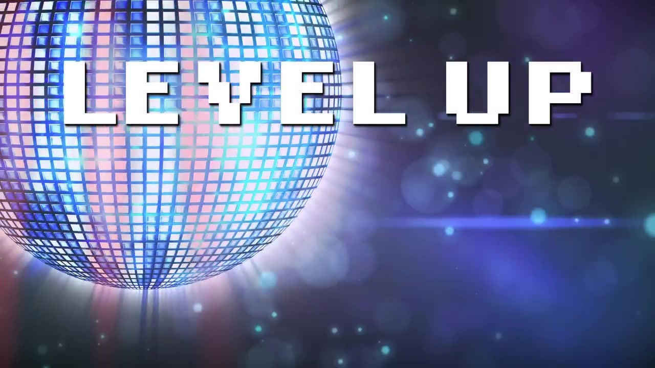 Palla da discoteca animata con sovrapposizione del testo 'Level Up'
